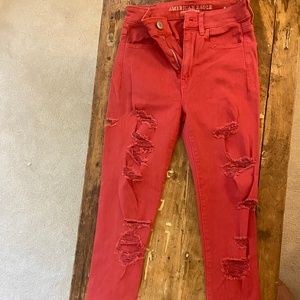 Red Highwasited Ripped Jeans, size 2 from American Eagle